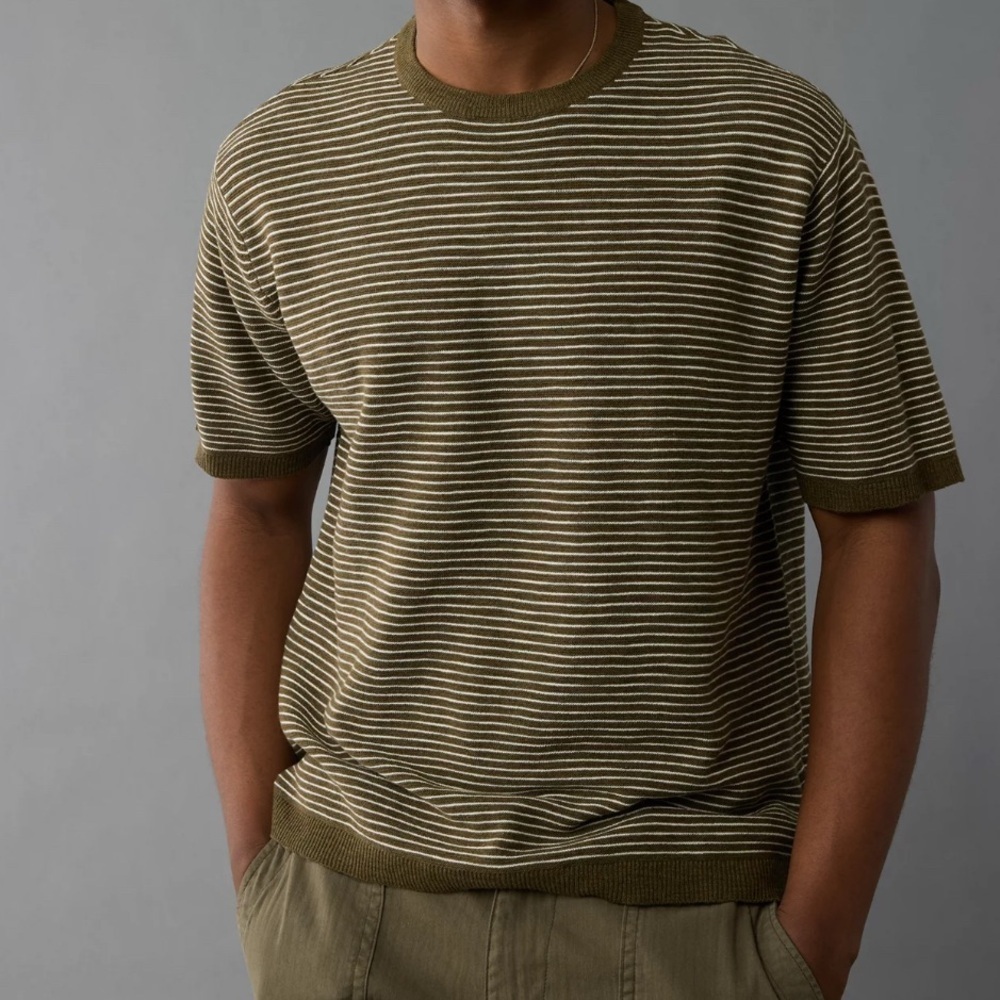 American Eagle Men’s Green Striped Sweater T-Shirt - Sizes XS-XXL